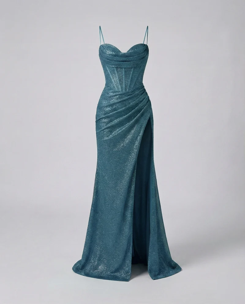 Damen nan glitzerndes Abendkleid mit Herzausschnitt, schmalen Spaghettiträgern, taillierter Raffung und hohem Beinschlitz