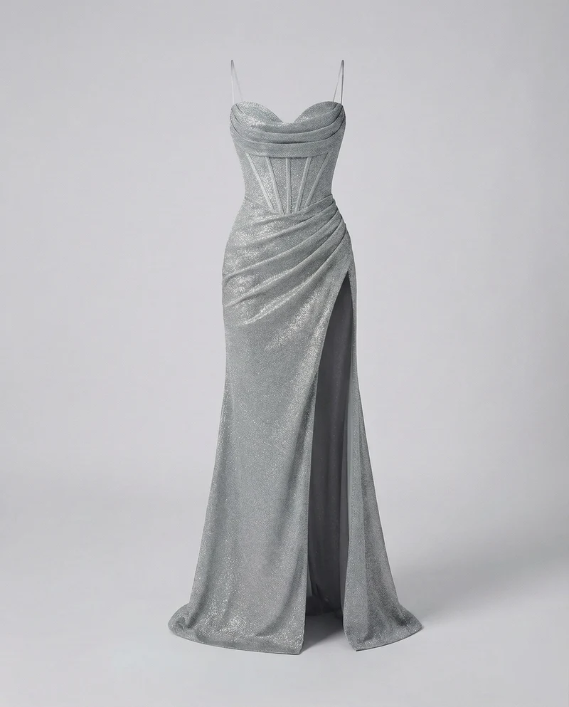 Damen nan glitzerndes Abendkleid mit Herzausschnitt, schmalen Spaghettiträgern, taillierter Raffung und hohem Beinschlitz