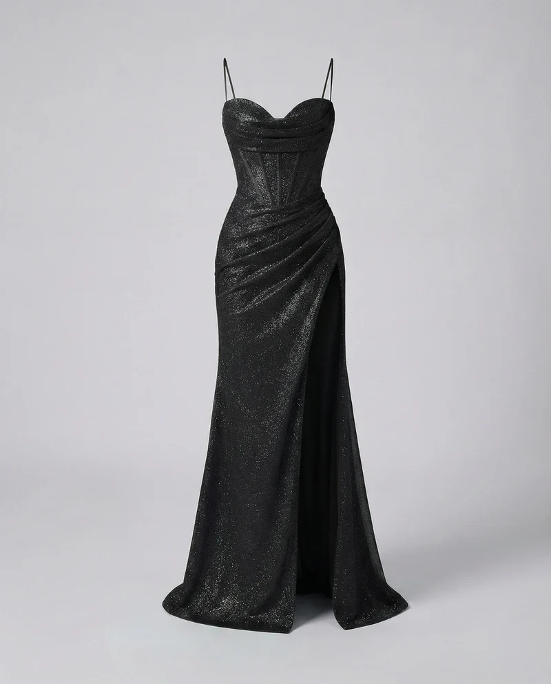 Damen nan glitzerndes Abendkleid mit Herzausschnitt, schmalen Spaghettiträgern, taillierter Raffung und hohem Beinschlitz
