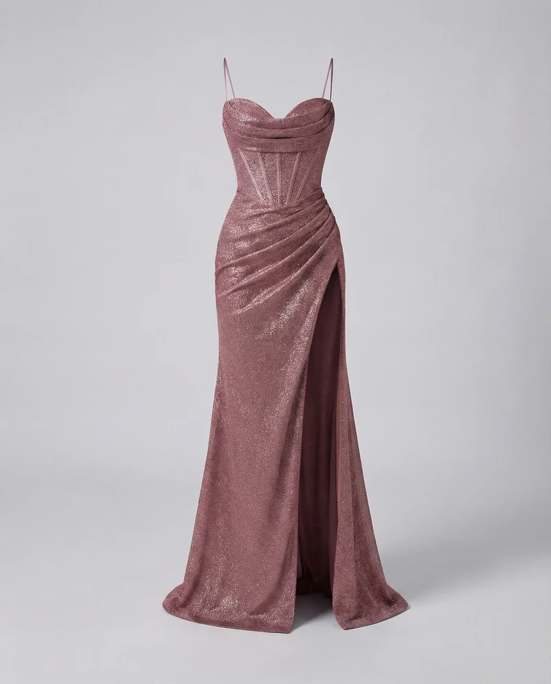 Damen nan glitzerndes Abendkleid mit Herzausschnitt, schmalen Spaghettiträgern, taillierter Raffung und hohem Beinschlitz