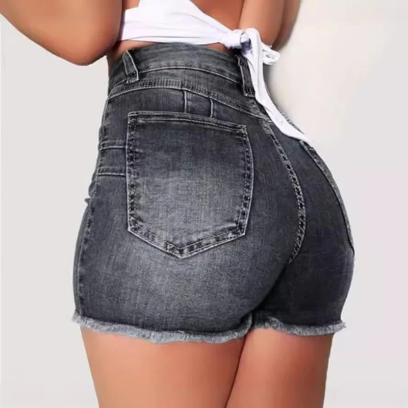 Damen Jeans-Shorts mit hohem Bund und ausgefranstem Saum