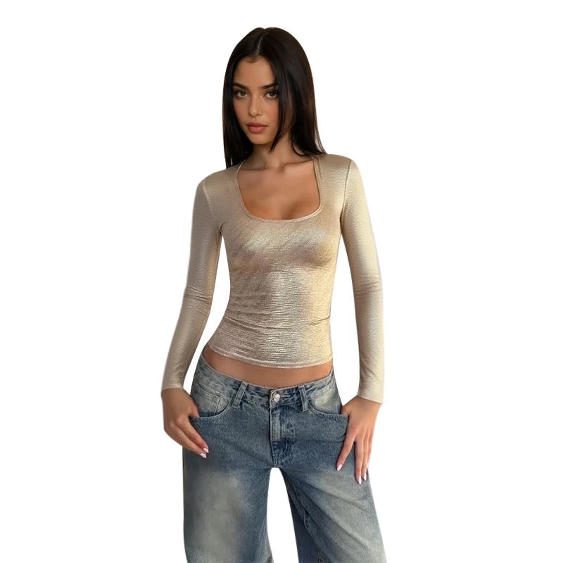 Damen schimmerndes Langarmshirt mit elegantem Rundhalsausschnitt und figurbetontem Schnitt
