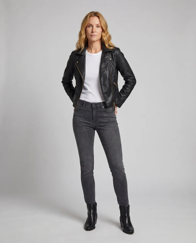 Damen Kurzblouson Retro-Bikerlook Metallzipper Ziersteppungen