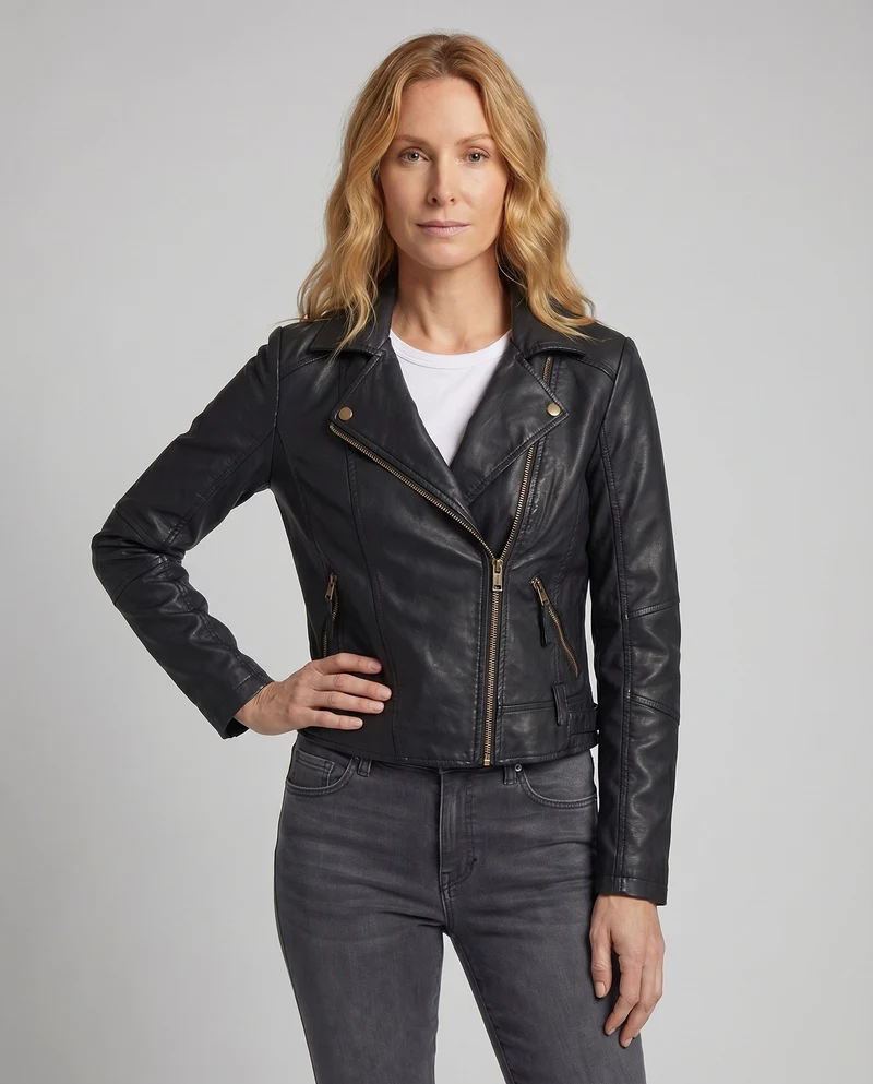 Damen Kurzblouson Retro-Bikerlook Metallzipper Ziersteppungen