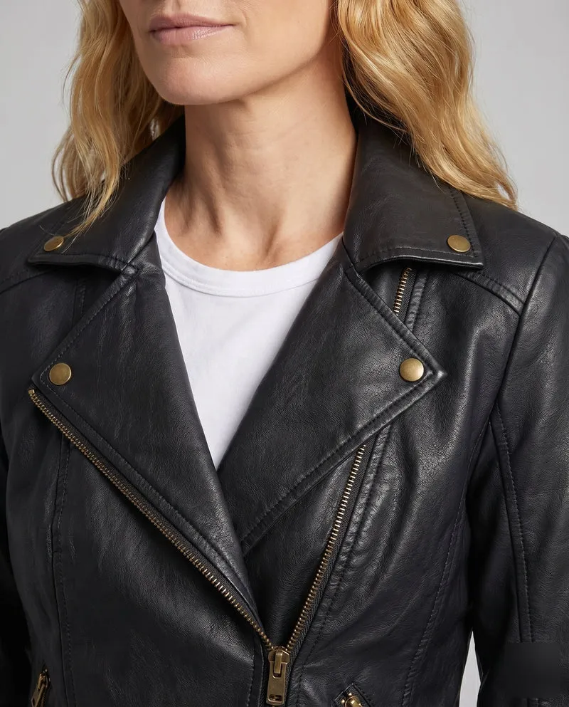 Damen Kurzblouson Retro-Bikerlook Metallzipper Ziersteppungen