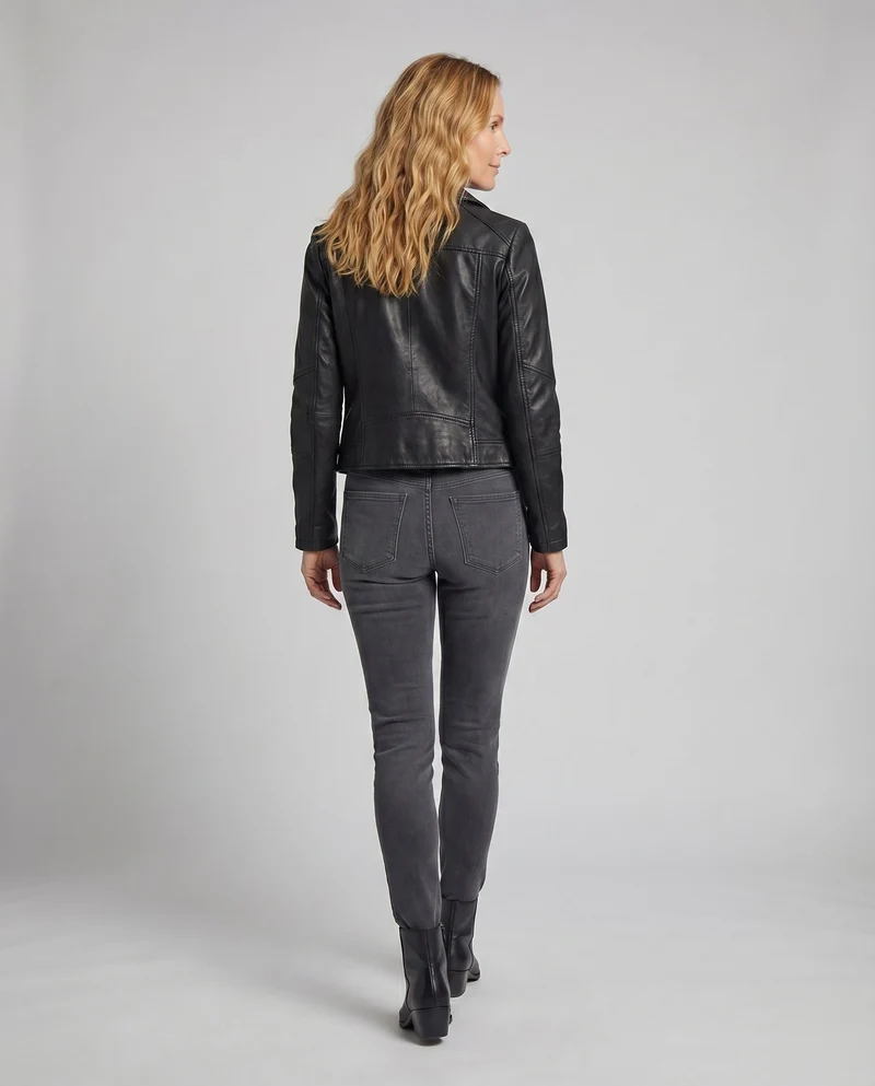 Damen Kurzblouson Retro-Bikerlook Metallzipper Ziersteppungen
