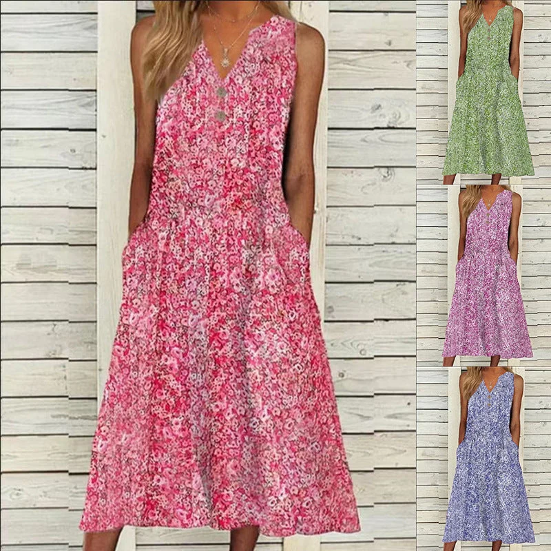 Damen Midi-Kleid mit tiefem V-Ausschnitt, Knopfdetails und praktischen Taschen