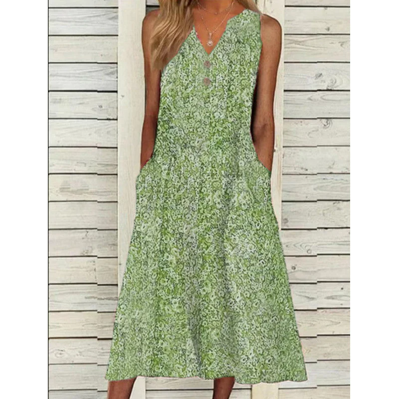 Damen Midi-Kleid mit tiefem V-Ausschnitt, Knopfdetails und praktischen Taschen
