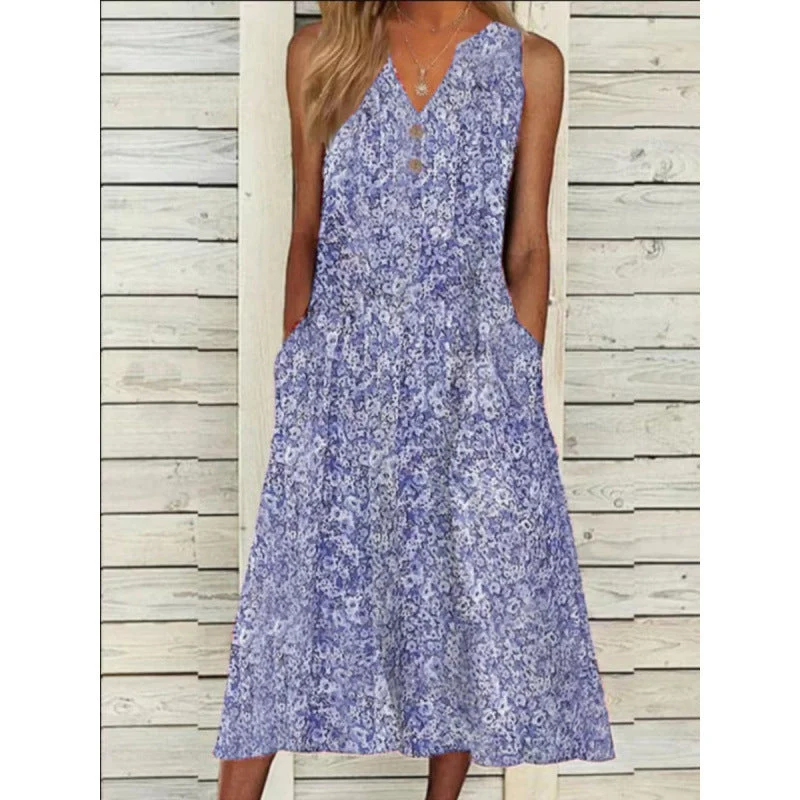 Damen Midi-Kleid mit tiefem V-Ausschnitt, Knopfdetails und praktischen Taschen