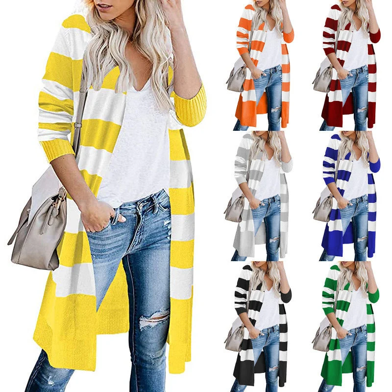 Damen Lange Strickjacke mit Streifen-Muster und offenen Front Nord Taschen