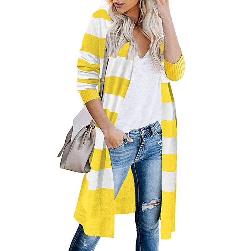 Damen Lange Strickjacke mit Streifen-Muster und offenen Front Nord Taschen