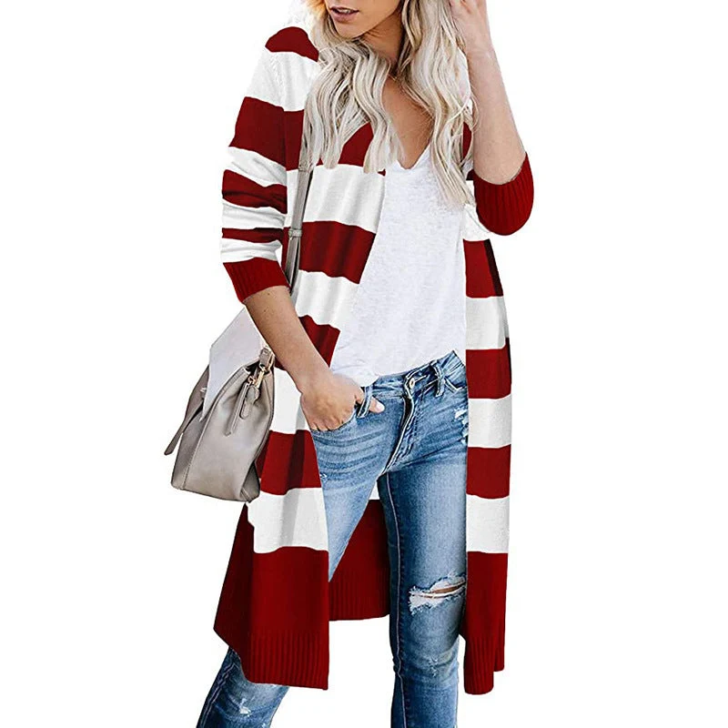 Damen Lange Strickjacke mit Streifen-Muster und offenen Front Nord Taschen