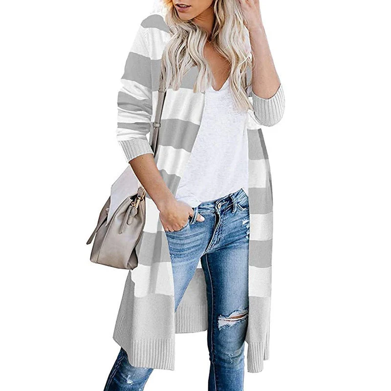 Damen Lange Strickjacke mit Streifen-Muster und offenen Front Nord Taschen