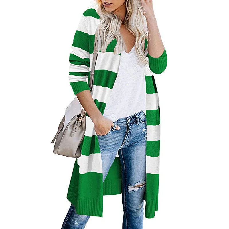 Damen Lange Strickjacke mit Streifen-Muster und offenen Front Nord Taschen