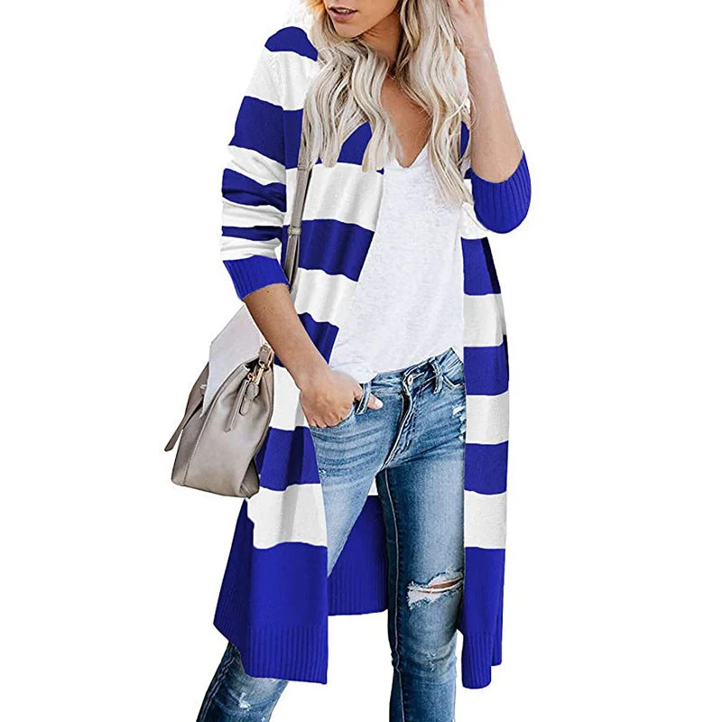 Damen Lange Strickjacke mit Streifen-Muster und offenen Front Nord Taschen