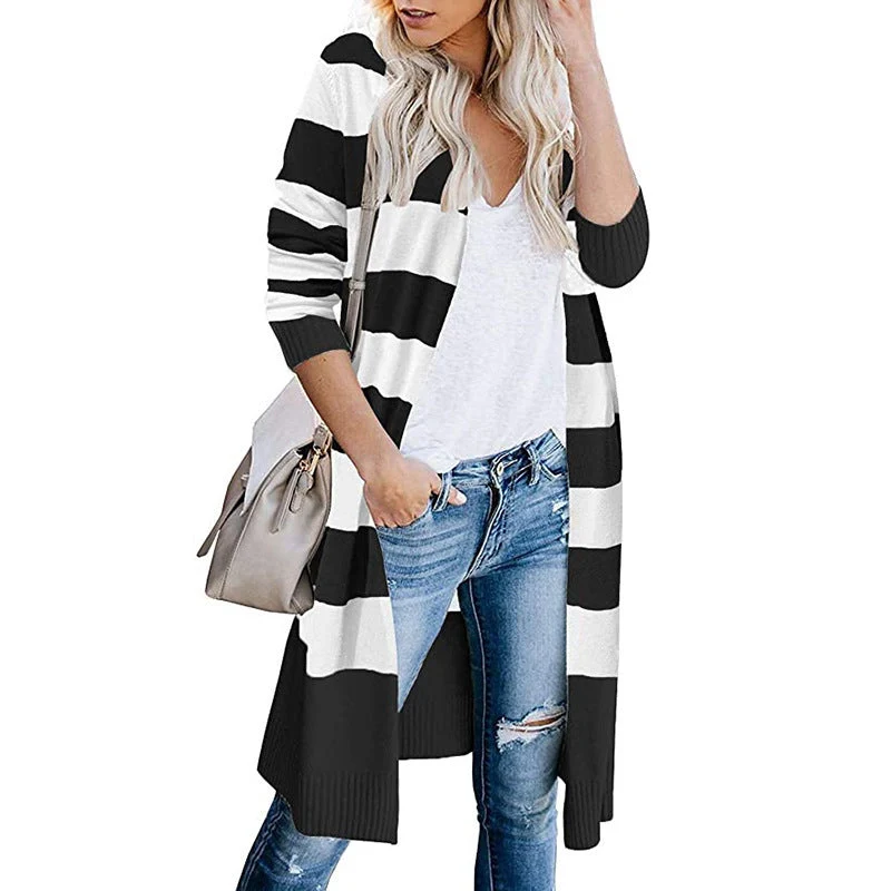 Damen Lange Strickjacke mit Streifen-Muster und offenen Front Nord Taschen