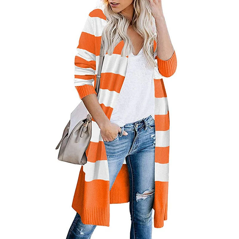 Damen Lange Strickjacke mit Streifen-Muster und offenen Front Nord Taschen