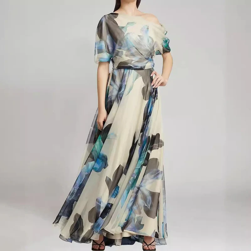 Damen elegantes Chiffon-Kleid mit schulterfreiem Design und floralem Muster