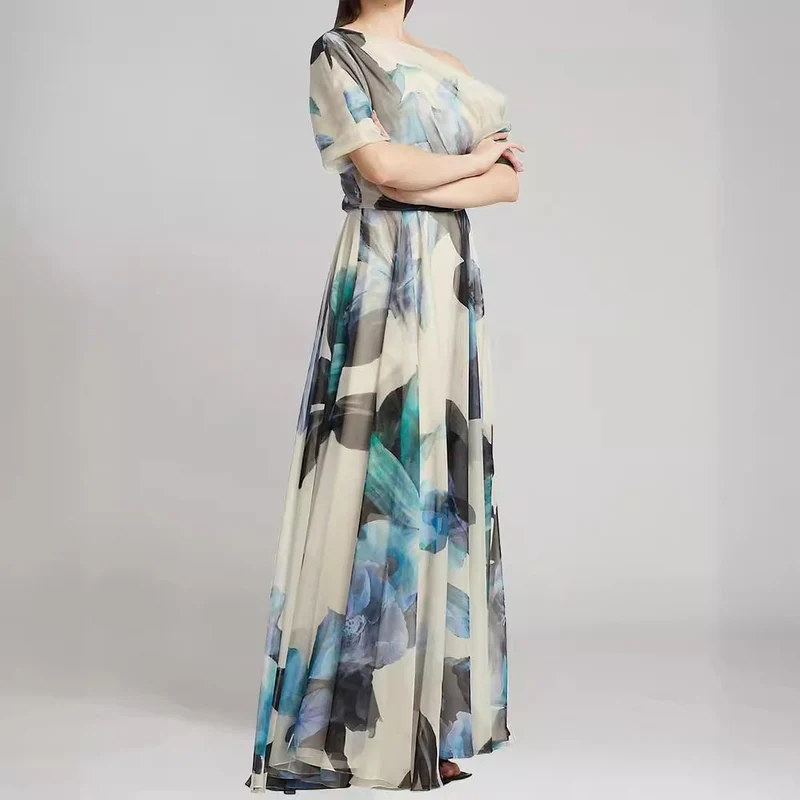 Damen elegantes Chiffon-Kleid mit schulterfreiem Design und floralem Muster
