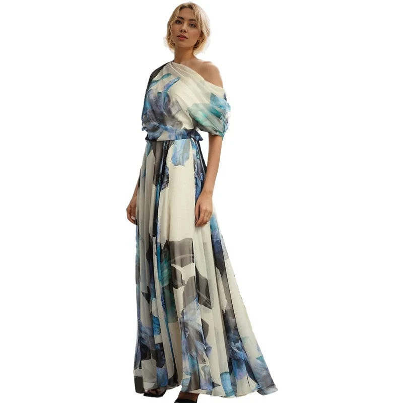 Damen elegantes Chiffon-Kleid mit schulterfreiem Design und floralem Muster