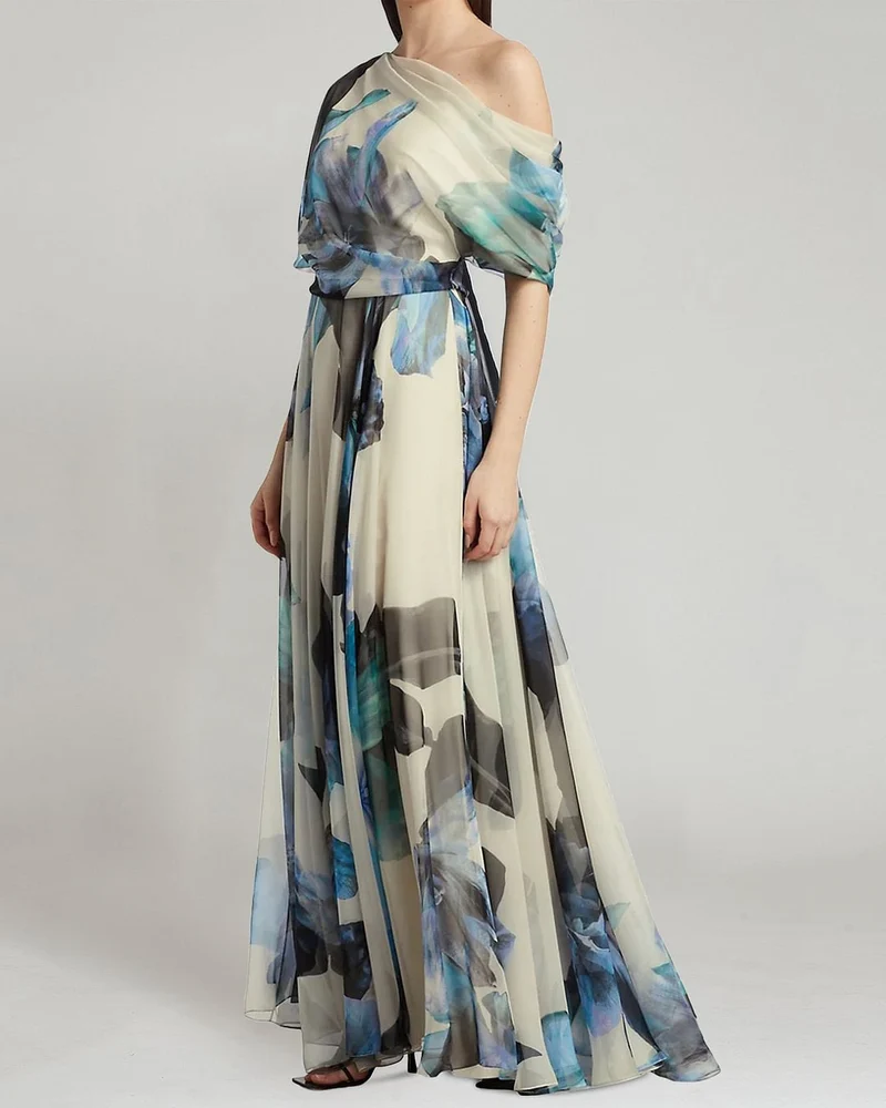 Damen elegantes Chiffon-Kleid mit schulterfreiem Design und floralem Muster