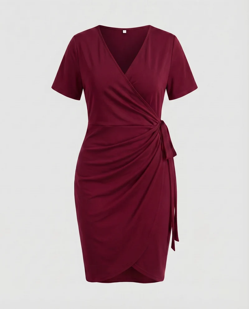 Damen Wickelkleid V-Ausschnitt Seitliche Raffung Bindegürtel