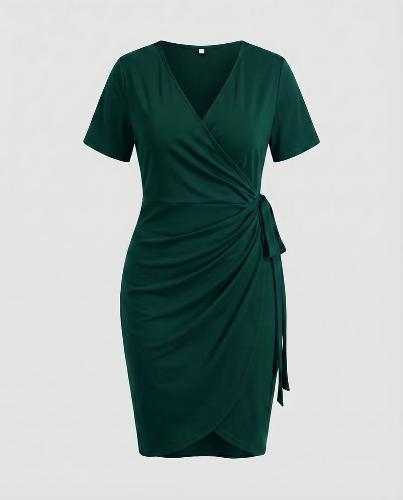 Damen Wickelkleid V-Ausschnitt Seitliche Raffung Bindegürtel