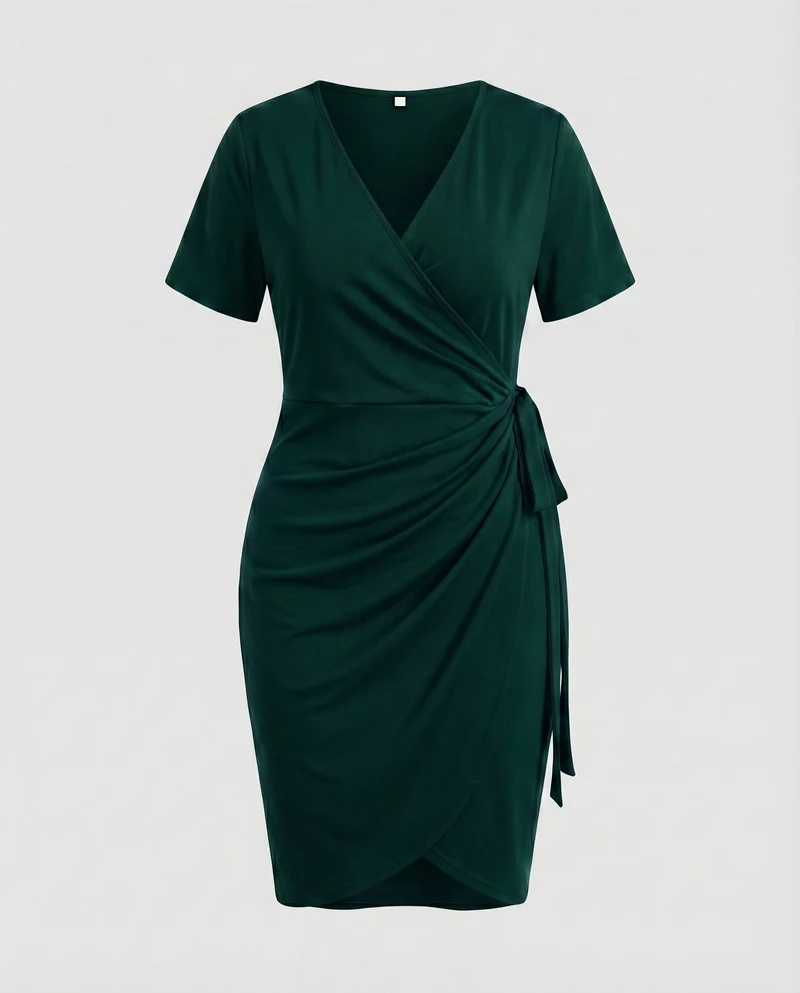 Damen Wickelkleid V-Ausschnitt Seitliche Raffung Bindegürtel