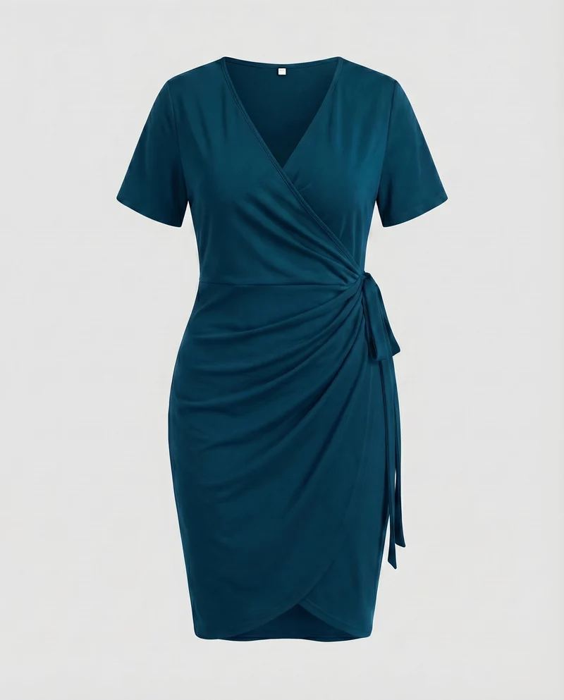 Damen Wickelkleid V-Ausschnitt Seitliche Raffung Bindegürtel