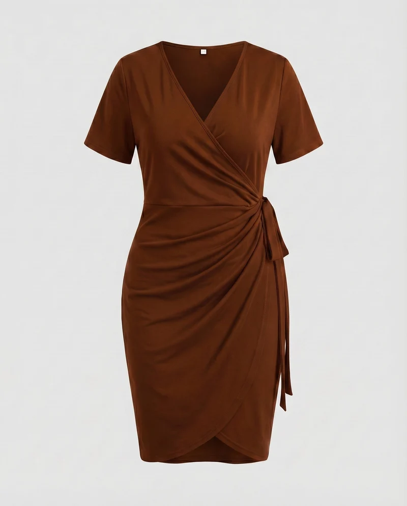 Damen Wickelkleid V-Ausschnitt Seitliche Raffung Bindegürtel