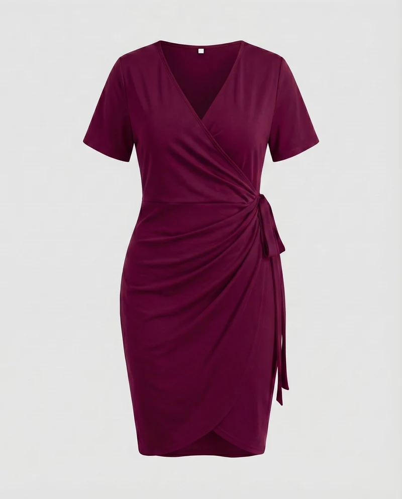 Damen Wickelkleid V-Ausschnitt Seitliche Raffung Bindegürtel