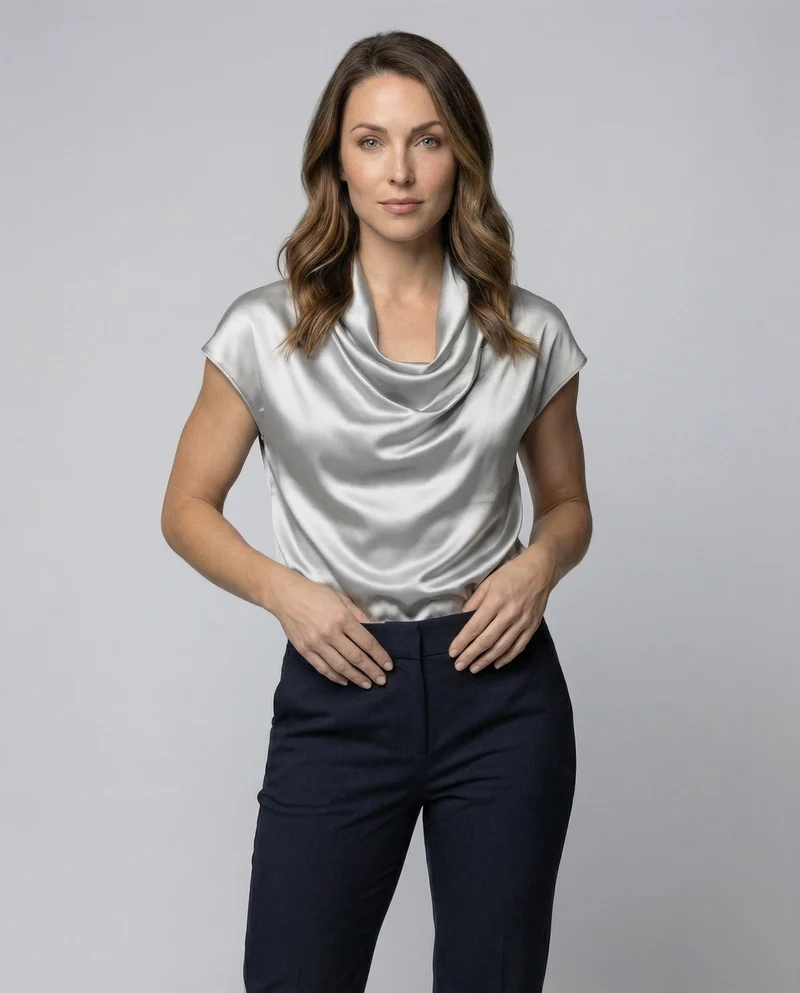 Damen Satin Wasserfallkragen Cap-Ärmelbluse