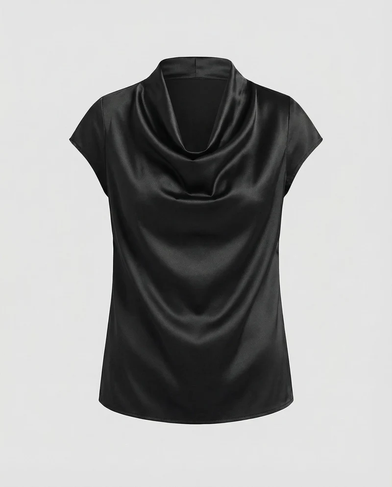 Damen Satin Wasserfallkragen Cap-Ärmelbluse