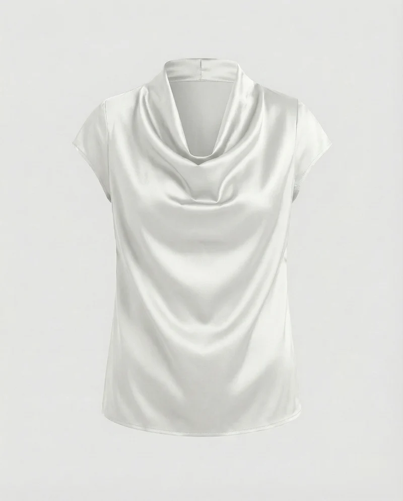 Damen Satin Wasserfallkragen Cap-Ärmelbluse