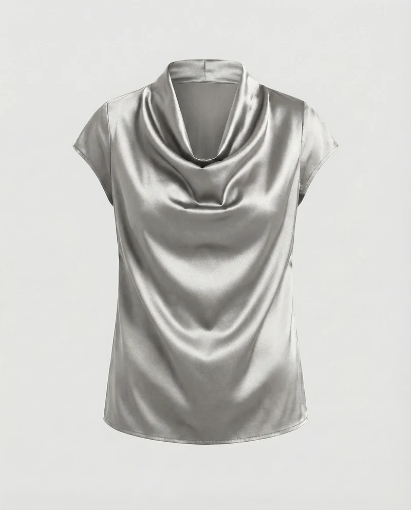Damen Satin Wasserfallkragen Cap-Ärmelbluse