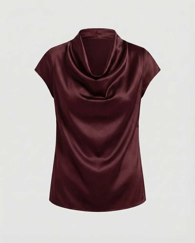 Damen Satin Wasserfallkragen Cap-Ärmelbluse