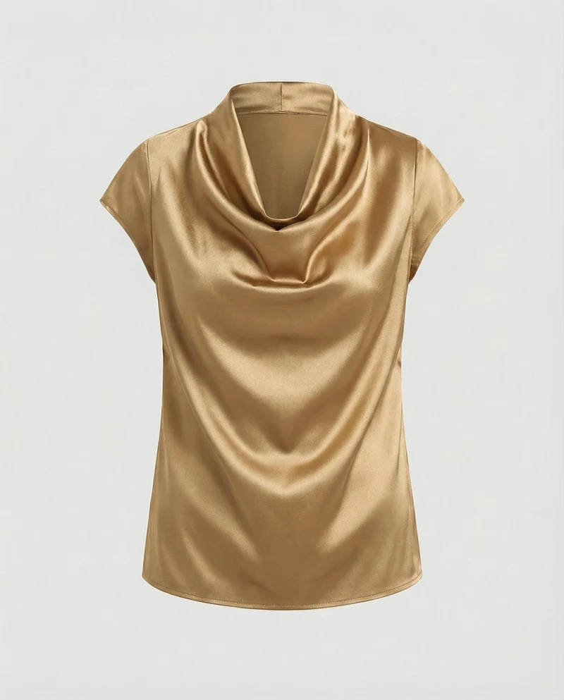 Damen Satin Wasserfallkragen Cap-Ärmelbluse