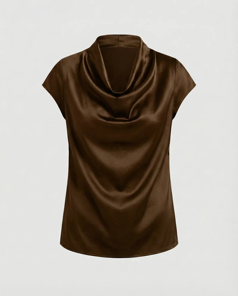 Damen Satin Wasserfallkragen Cap-Ärmelbluse