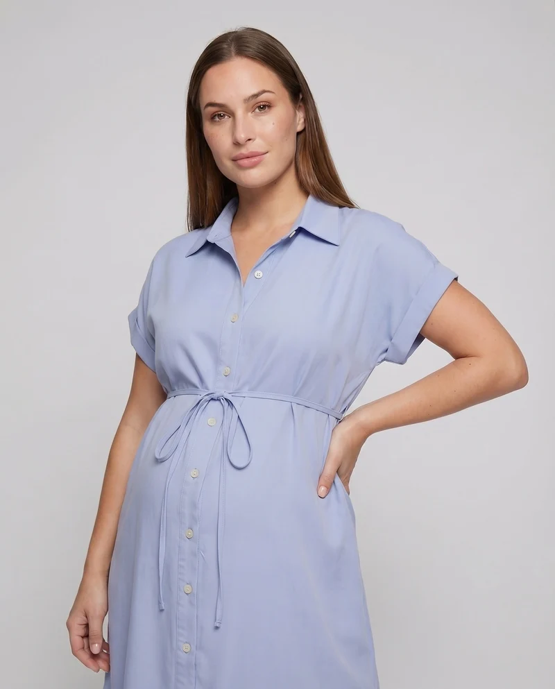 Damen Umstands-Hemdkleid Tunnelzug Knopfleiste Hemdblusenkragen