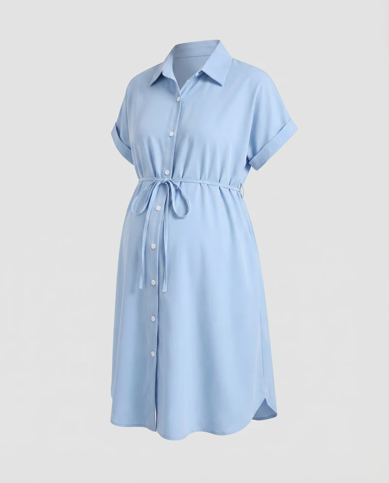 Damen Umstands-Hemdkleid Tunnelzug Knopfleiste Hemdblusenkragen