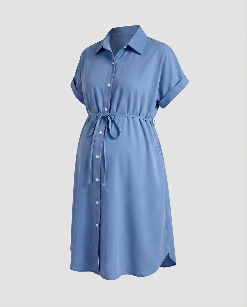 Damen Umstands-Hemdkleid Tunnelzug Knopfleiste Hemdblusenkragen