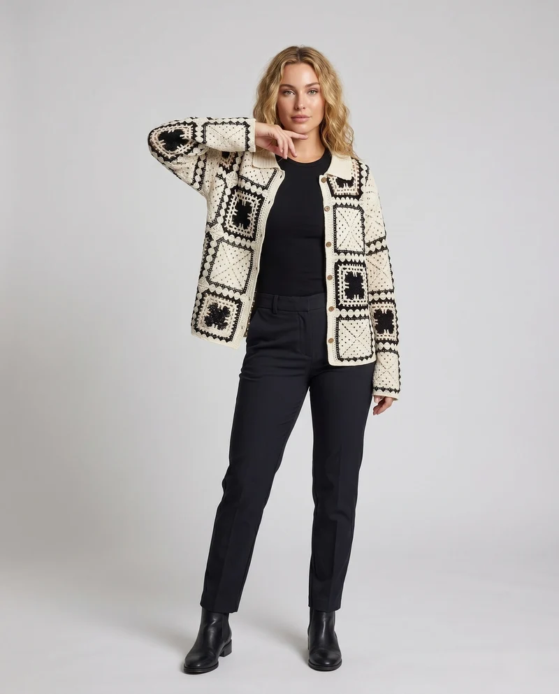 Damen luftiger Häkelcardigan mit geometrischem Muster Nord Taschen