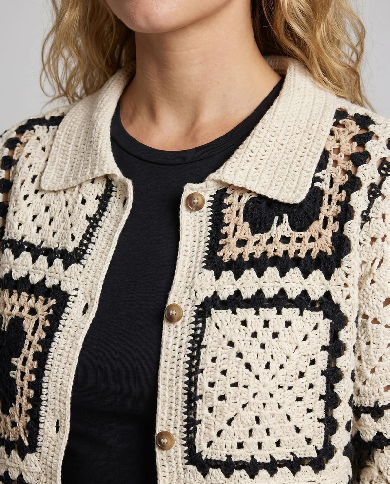 Damen luftiger Häkelcardigan mit geometrischem Muster Nord Taschen
