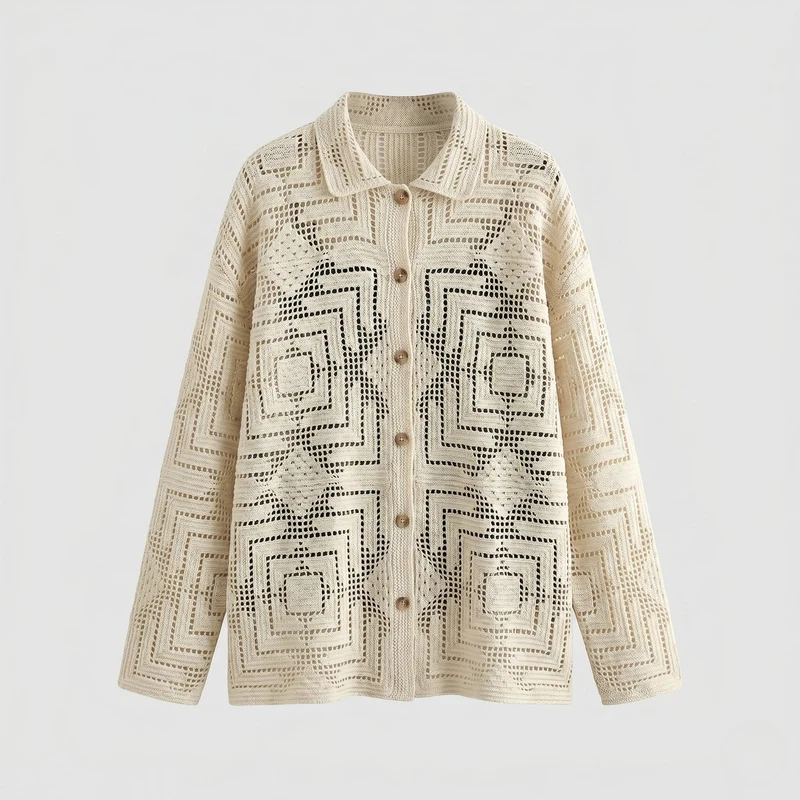 Damen luftiger Häkelcardigan mit geometrischem Muster Nord Taschen
