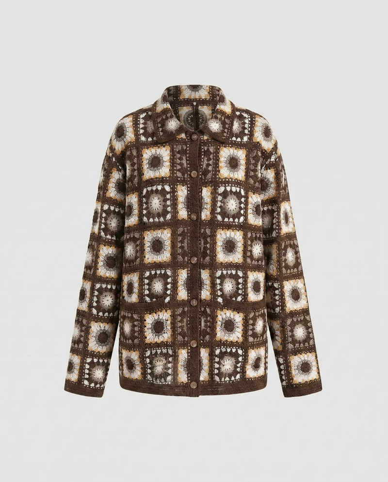 Damen luftiger Häkelcardigan mit geometrischem Muster Nord Taschen