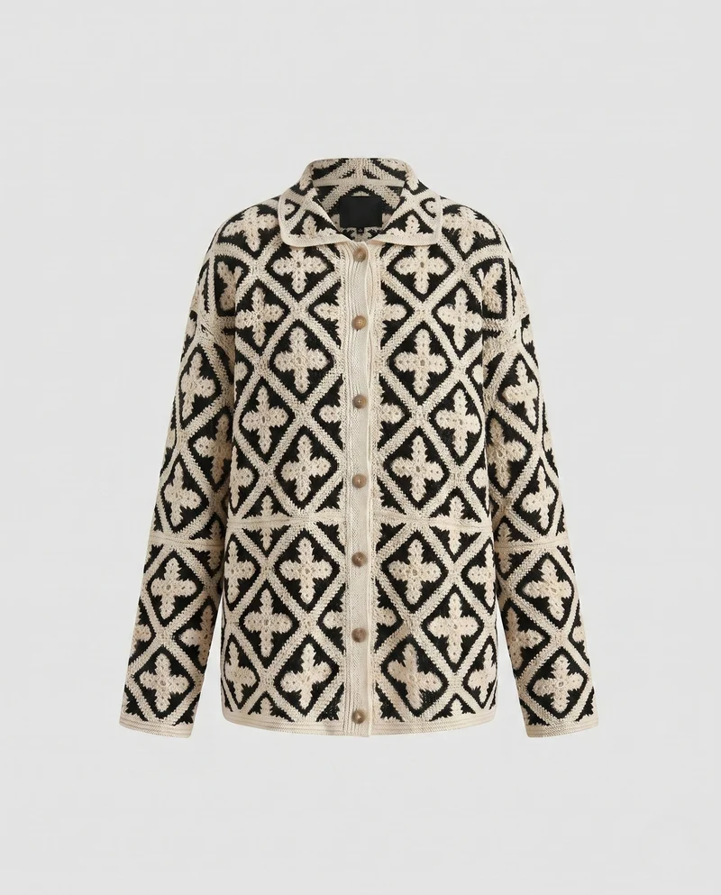 Damen luftiger Häkelcardigan mit geometrischem Muster Nord Taschen