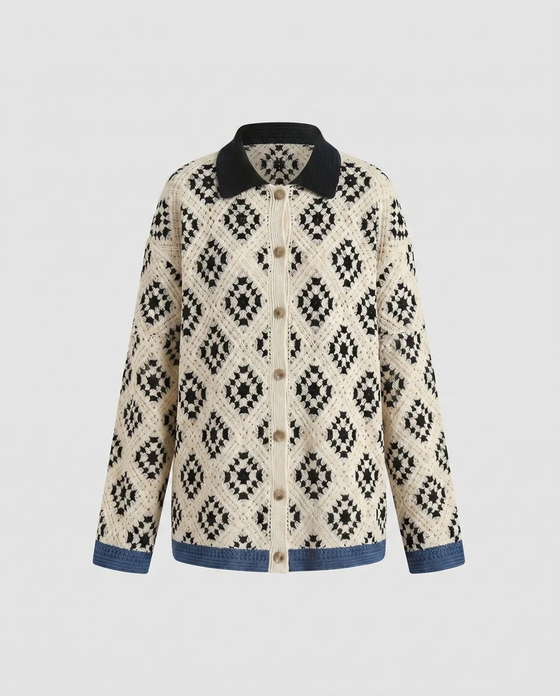 Damen luftiger Häkelcardigan mit geometrischem Muster Nord Taschen