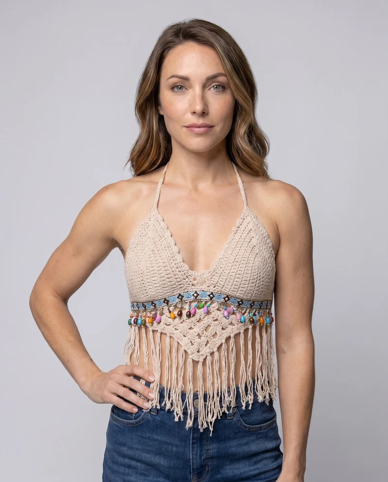 Damen gehäkeltes Bikini-Oberteil mit bunten Quasten und verspieltem Design