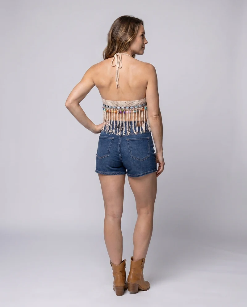 Damen gehäkeltes Bikini-Oberteil mit bunten Quasten und verspieltem Design