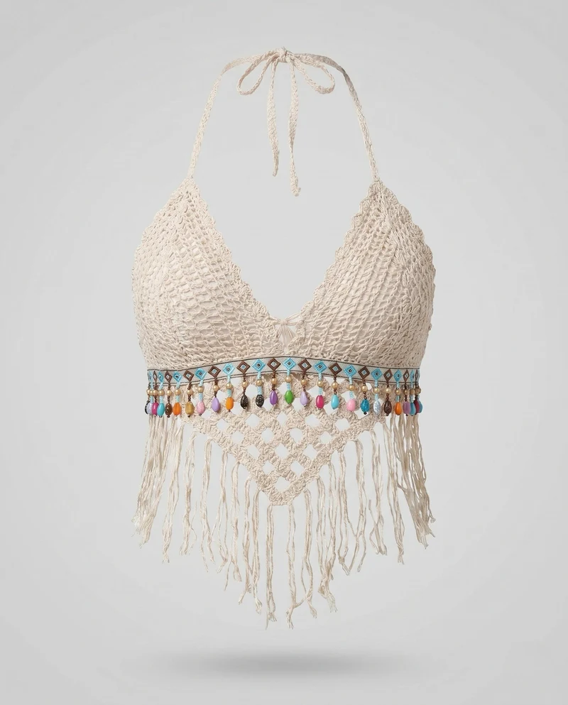 Damen gehäkeltes Bikini-Oberteil mit bunten Quasten und verspieltem Design